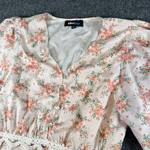 Alice Blue Peplum‎ Blouse Womens Medium Pink Floral Lace Trim Puff Sleeve V-Neck
